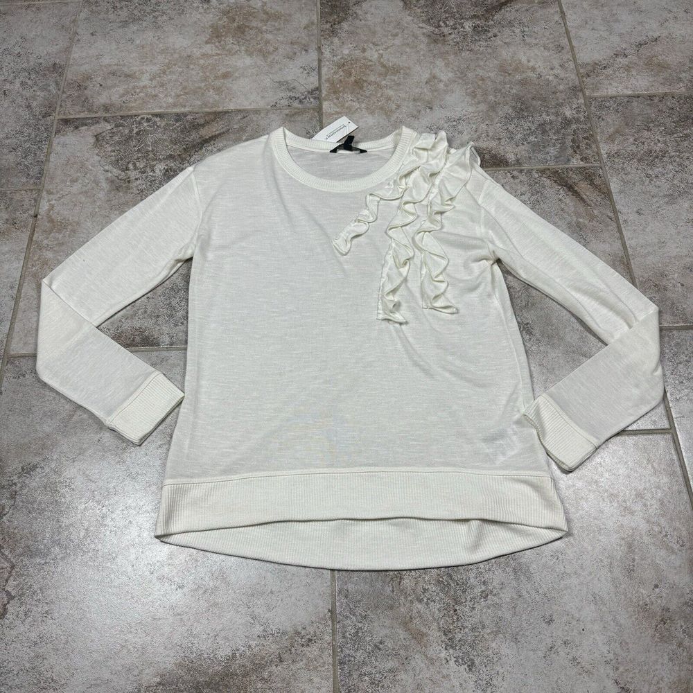 Banana Republic Shimmery Ruffle Sweater Top Womens Medium‎ Cream Long Sleeve NWT
